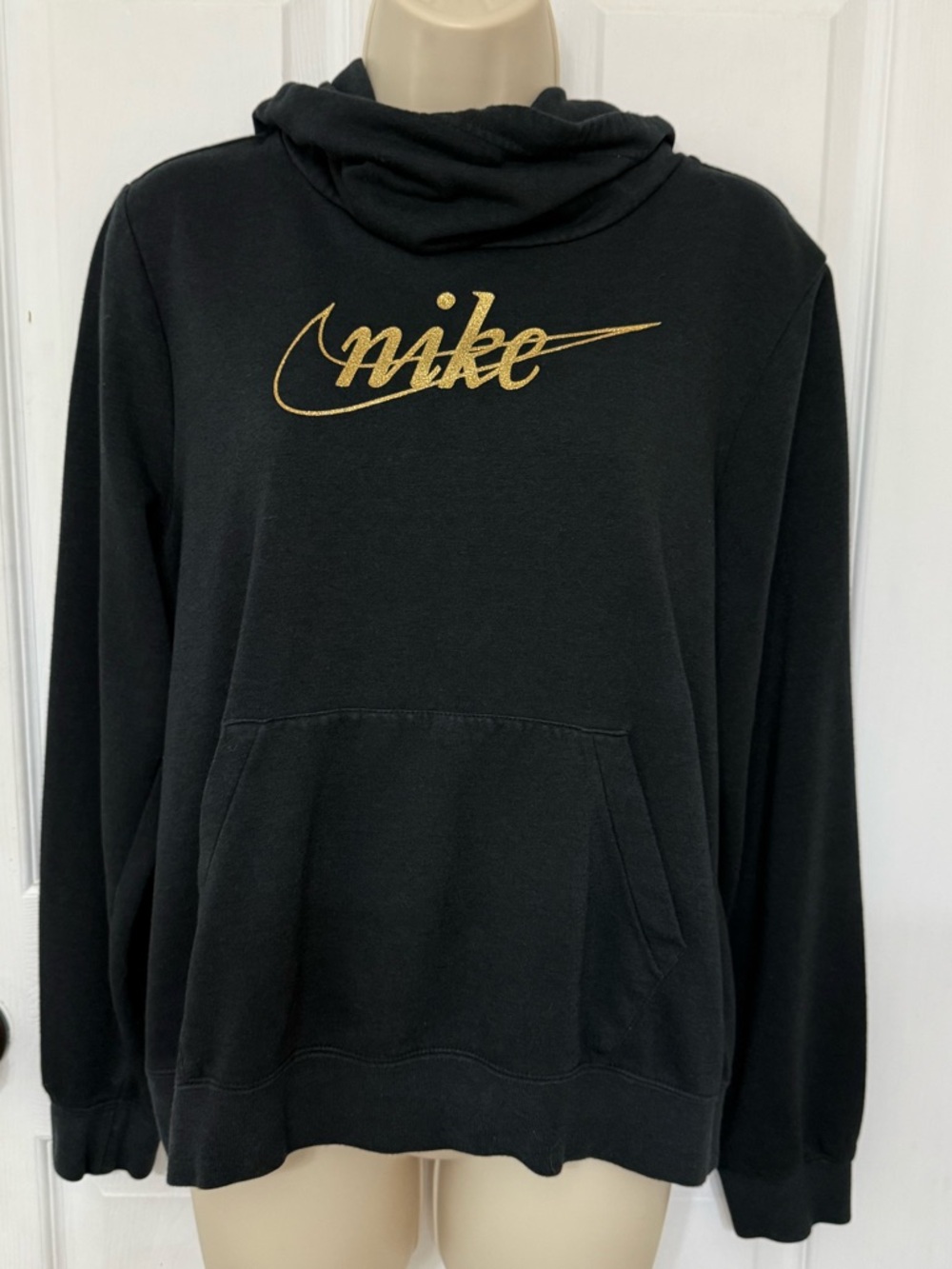 Nike Black Gold Logo Funnel Neck Hoodie Pullover Medium - Picture 3 of 13